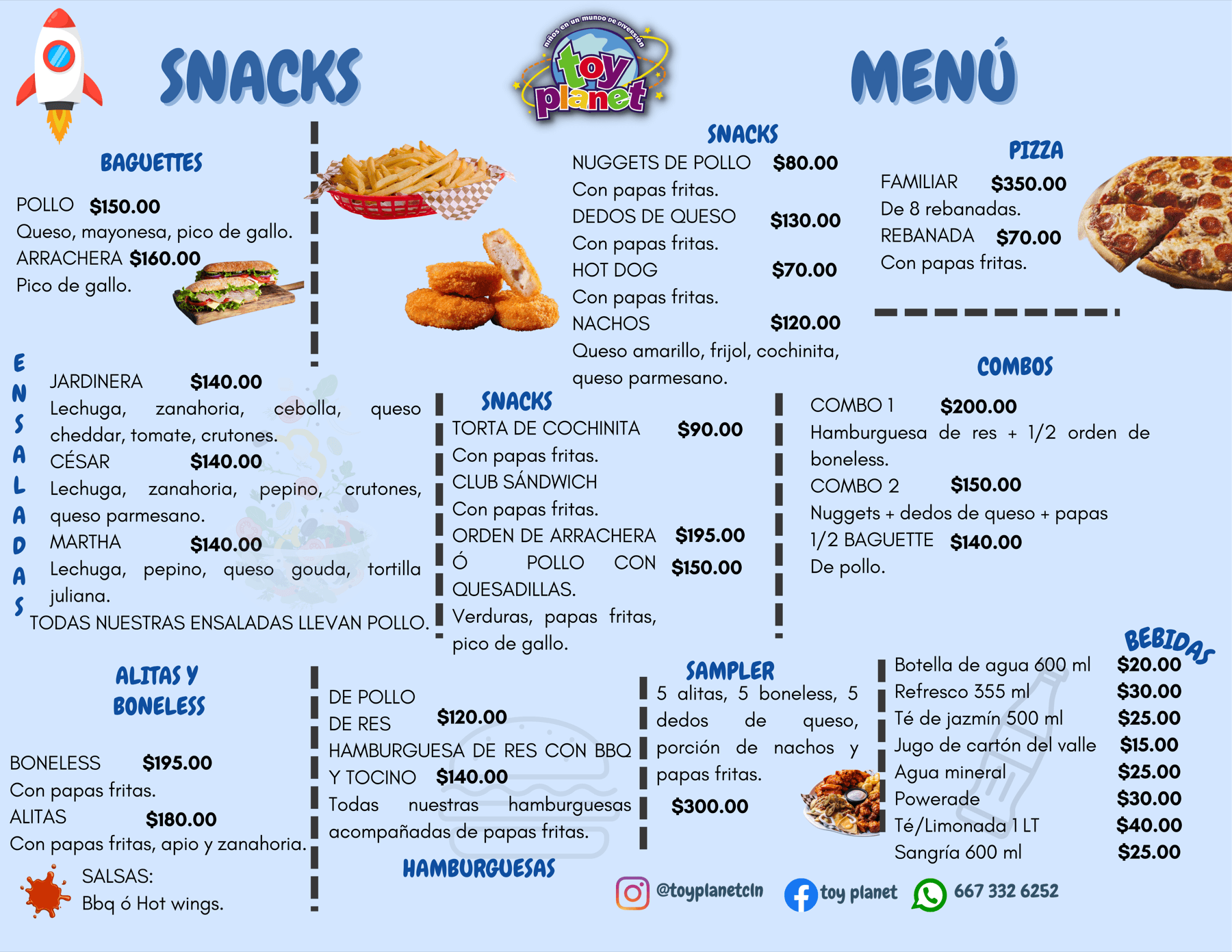 Menú de Toy Planet para visitas: snacks, baguettes, ensaladas, alitas y boneless, hamburguesas, pizza, combos y bebidas con precios